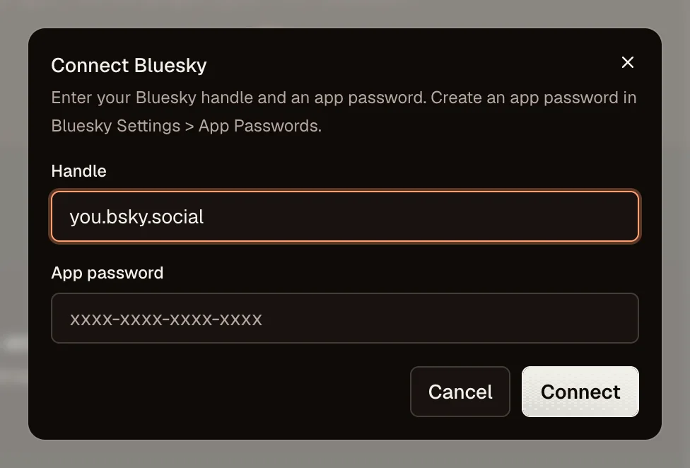 OpenPost connection dialog for Bluesky handle and app password