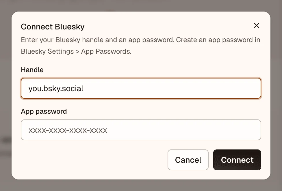 OpenPost connection dialog for Bluesky handle and app password