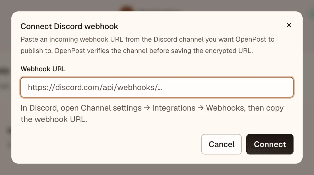 OpenPost connection dialog for Discord webhook URL
