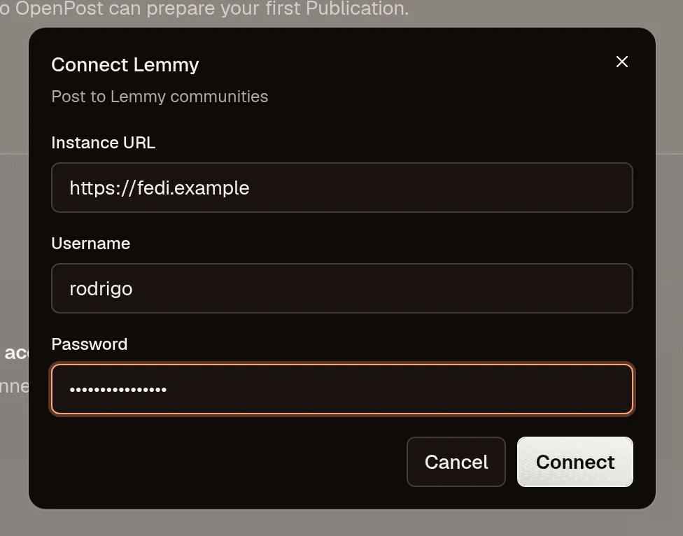 OpenPost connection dialog for Lemmy instance credentials