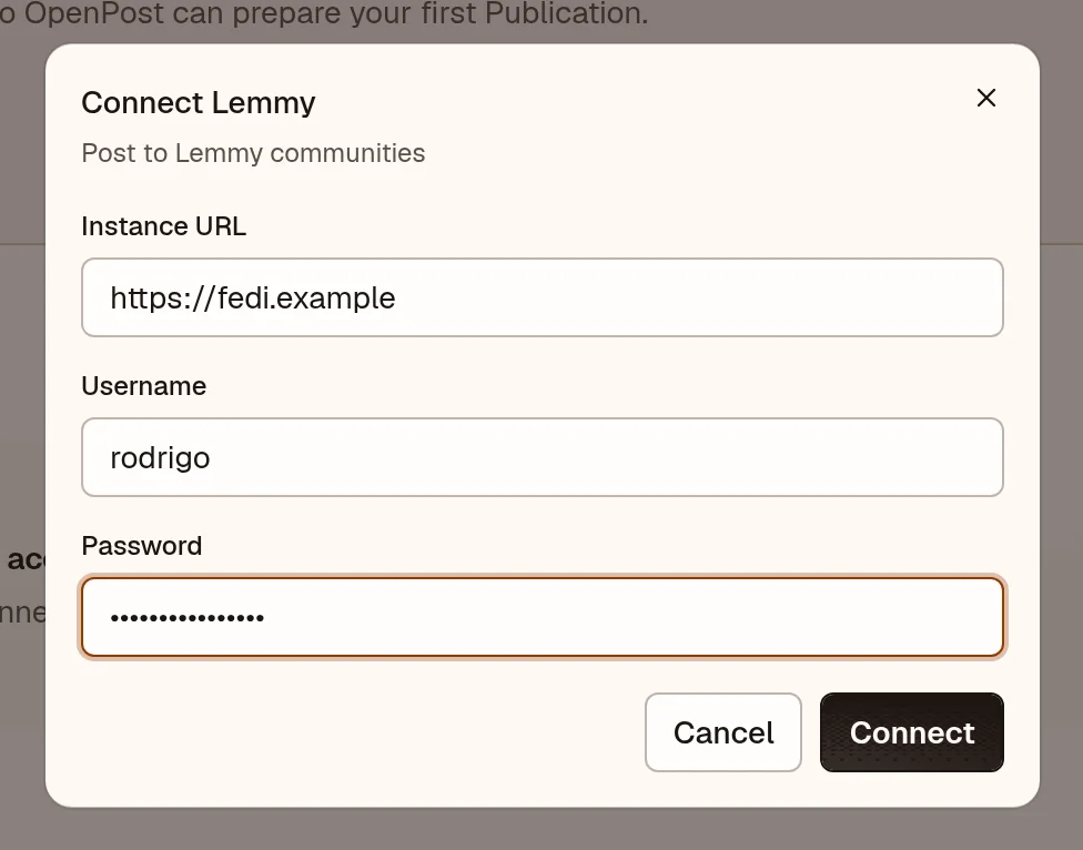 OpenPost connection dialog for Lemmy instance credentials