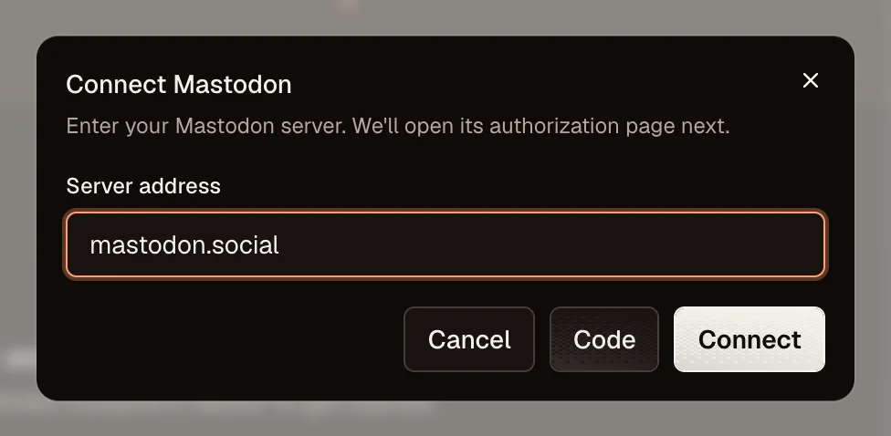 OpenPost connection dialog for Mastodon server address