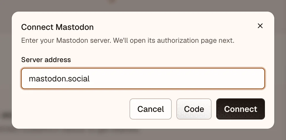 OpenPost connection dialog for Mastodon server address