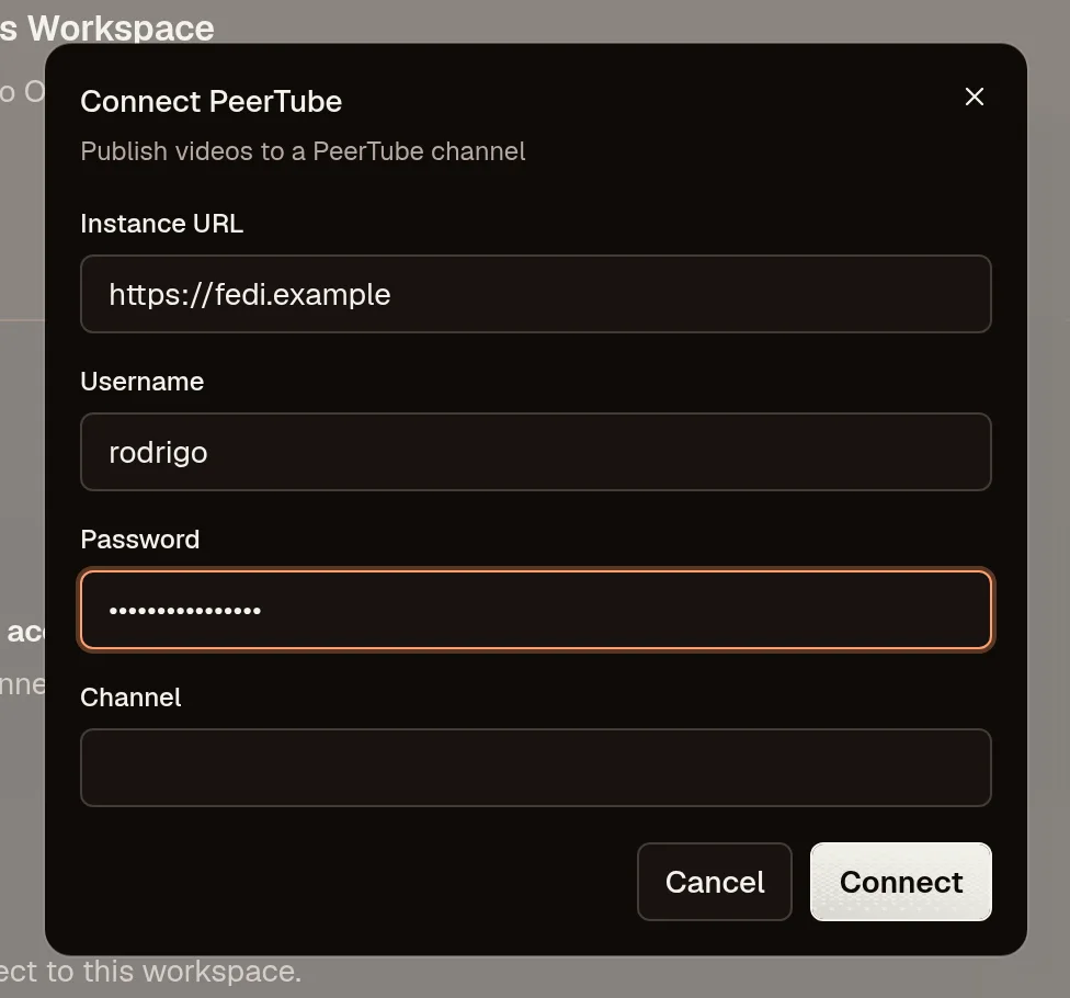 OpenPost connection dialog for PeerTube instance credentials
