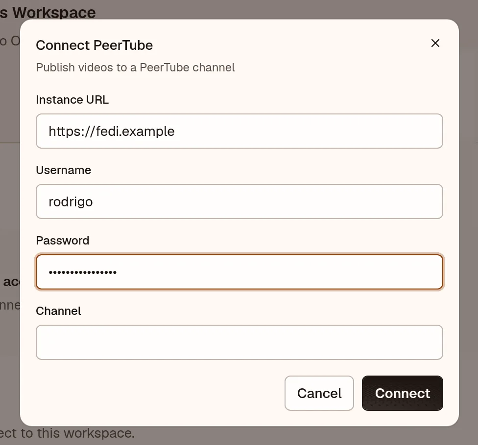 OpenPost connection dialog for PeerTube instance credentials