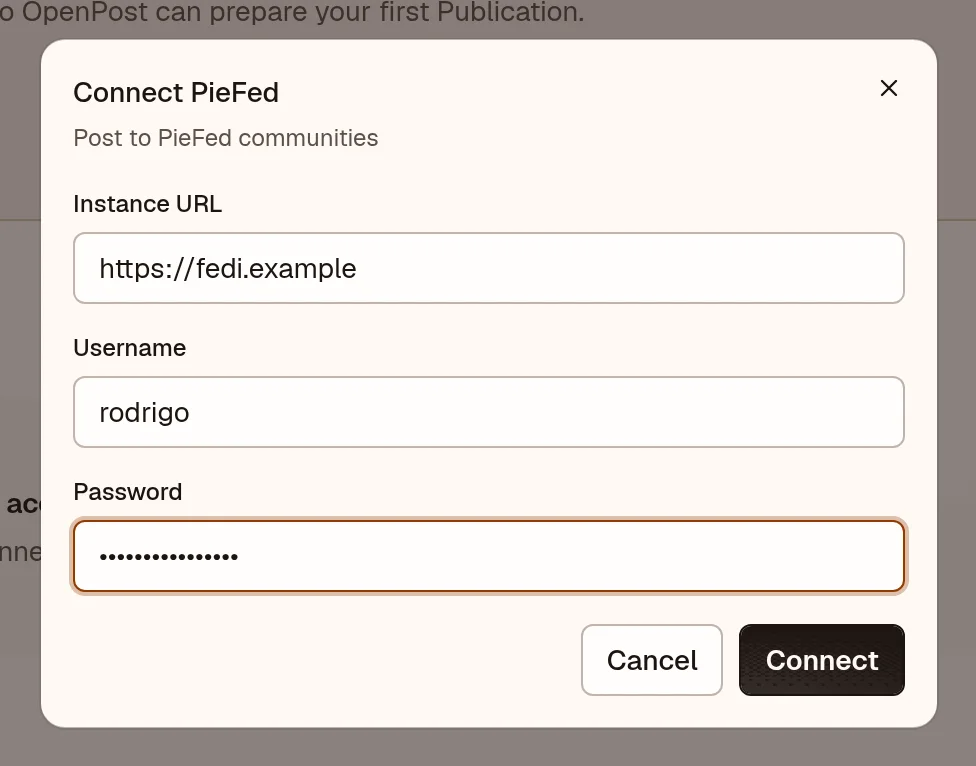OpenPost connection dialog for PieFed instance credentials