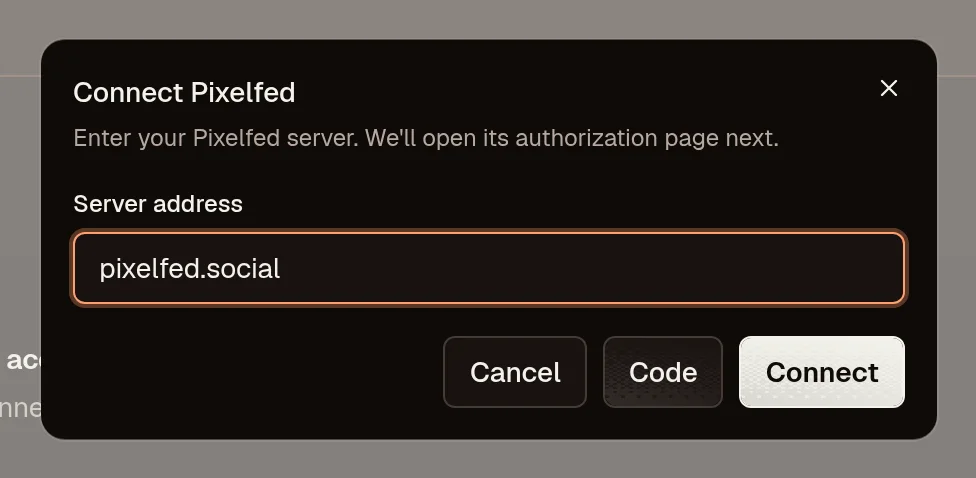 OpenPost connection dialog for Pixelfed server address