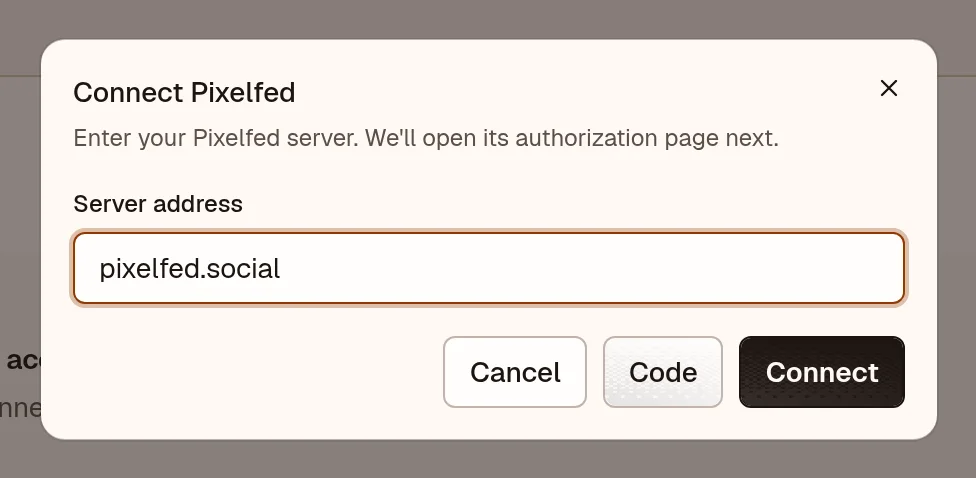 OpenPost connection dialog for Pixelfed server address