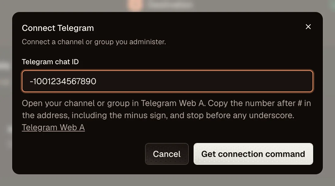OpenPost connection dialog for Telegram chat ID