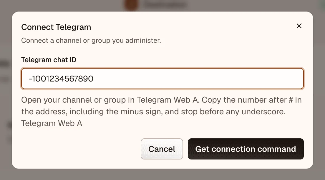 OpenPost connection dialog for Telegram chat ID