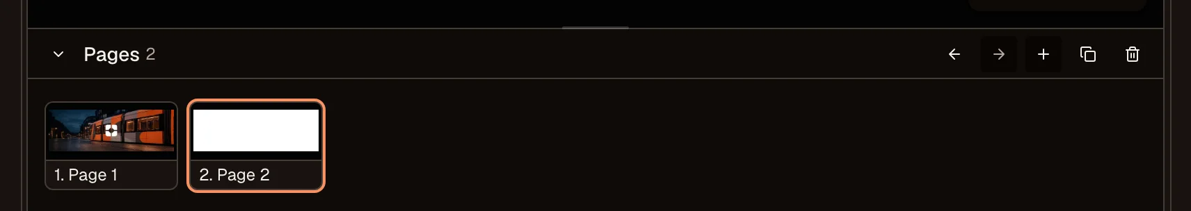 Page strip with two pages and add, duplicate, and delete controls