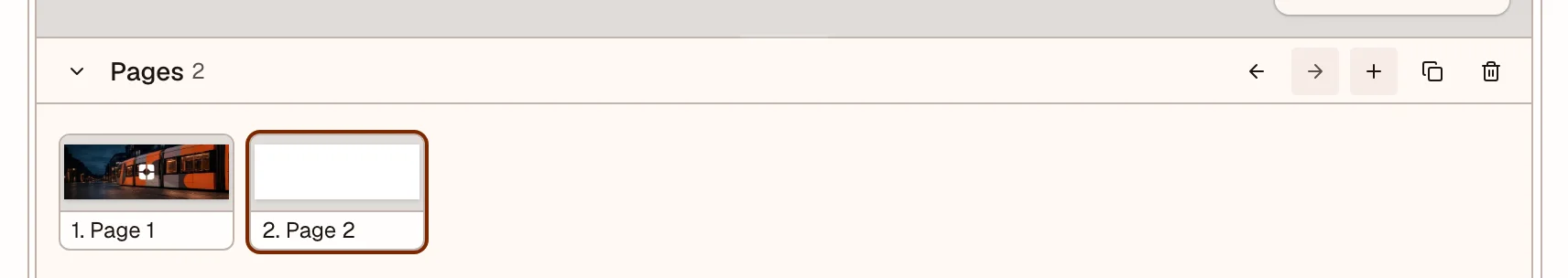 Page strip with two pages and add, duplicate, and delete controls