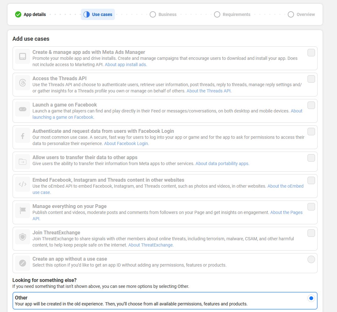 Meta app creation with Facebook Login among the available use cases