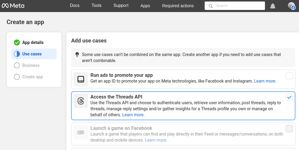 Meta app creation with Access the Threads API selected
