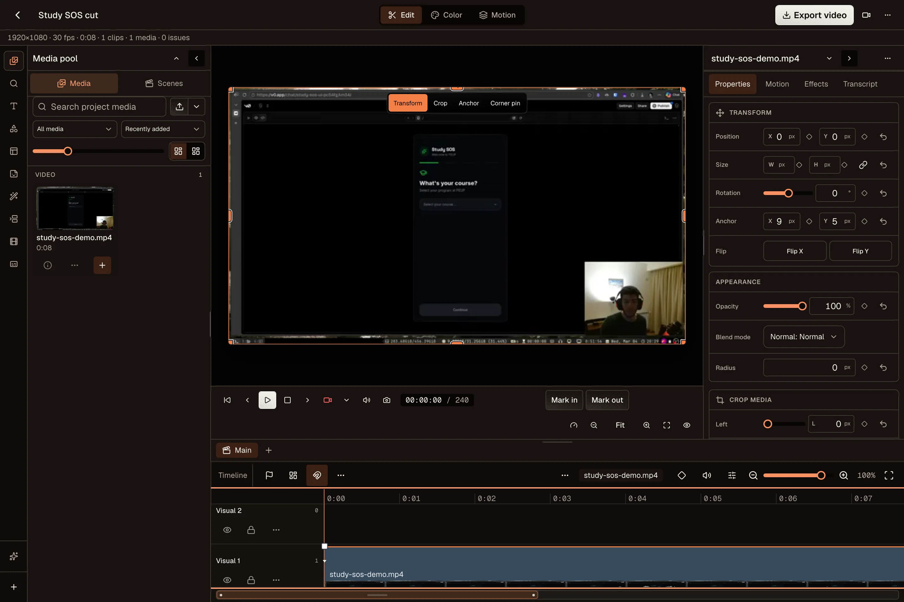 Video Editor with project media, a preview, properties, and a multitrack timeline