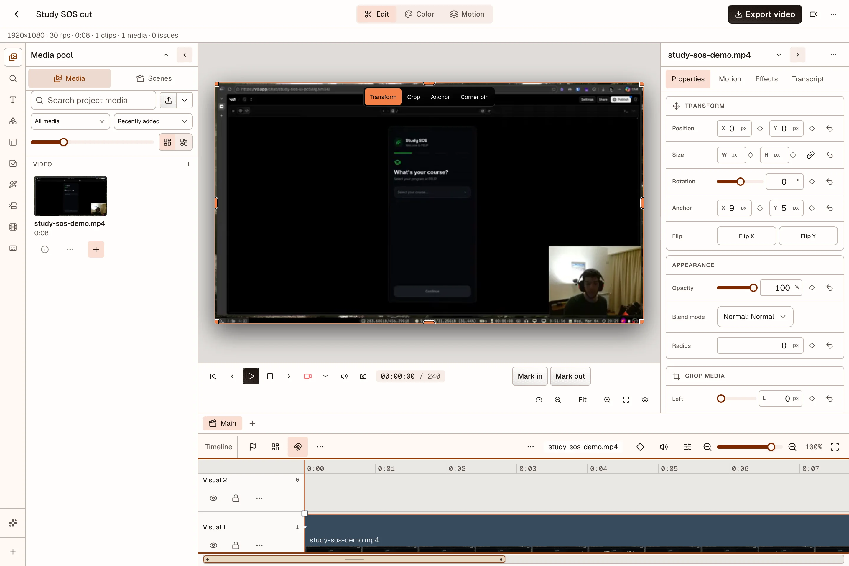 Video Editor with project media, a preview, properties, and a multitrack timeline