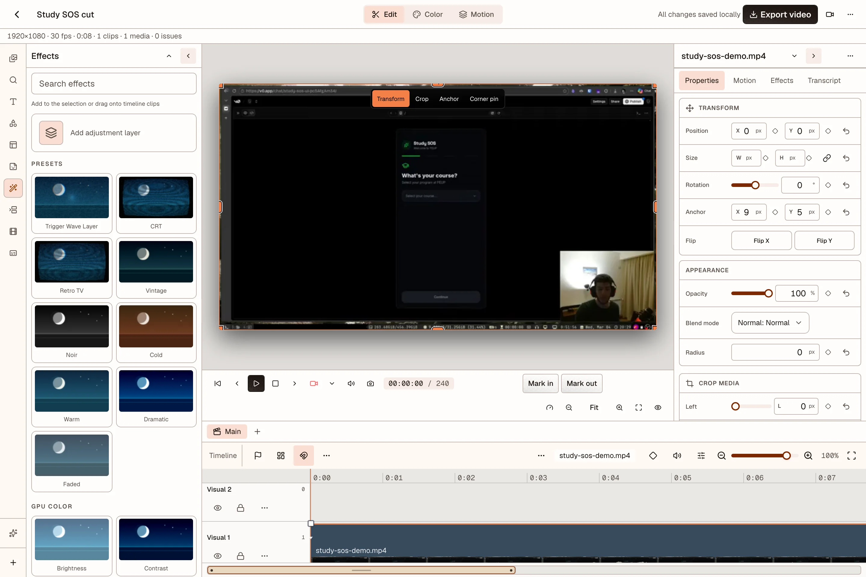 Effects browser with visual presets beside the preview and inspector