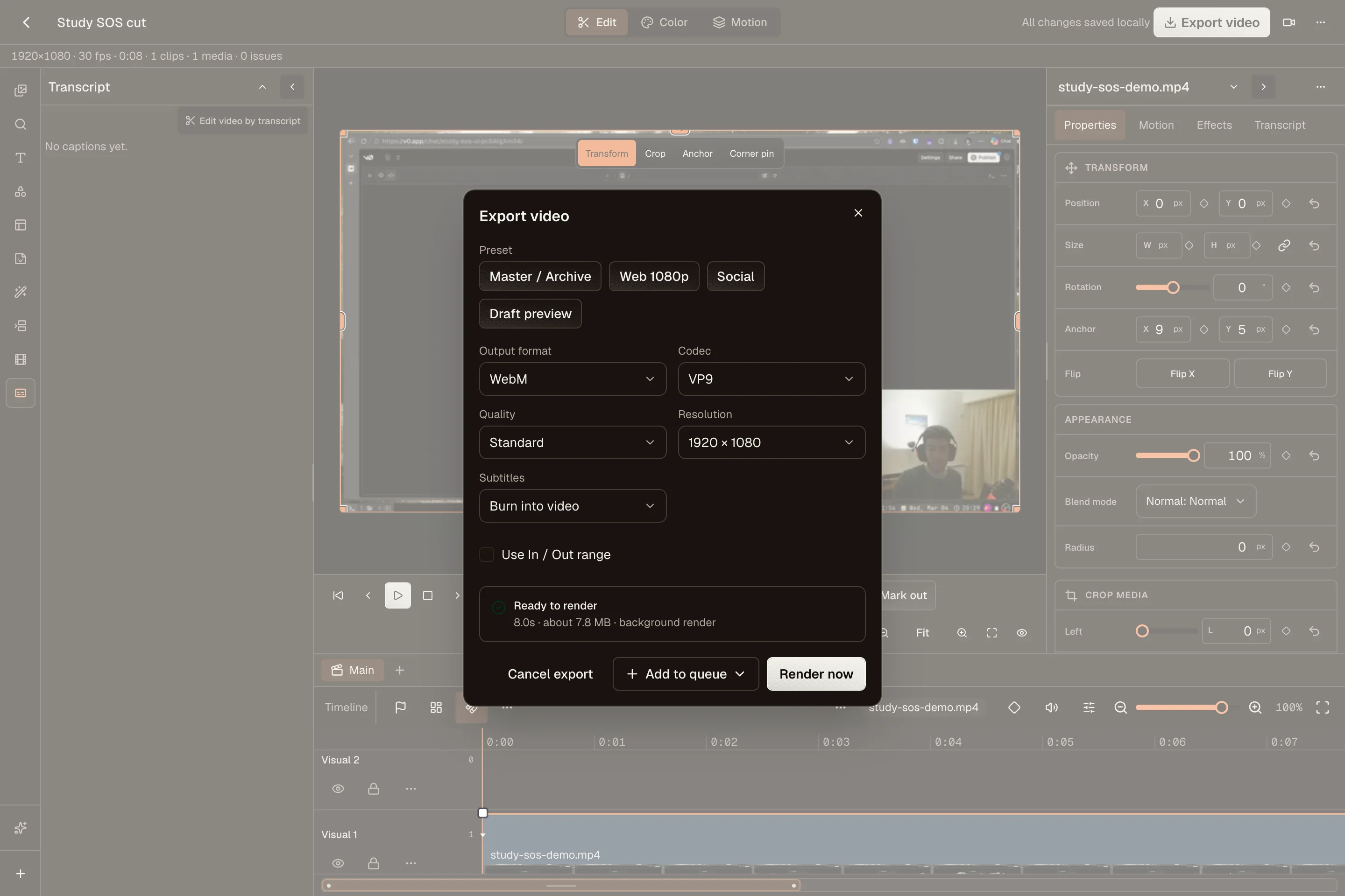 Export video dialog with output presets, format options, and a readiness check