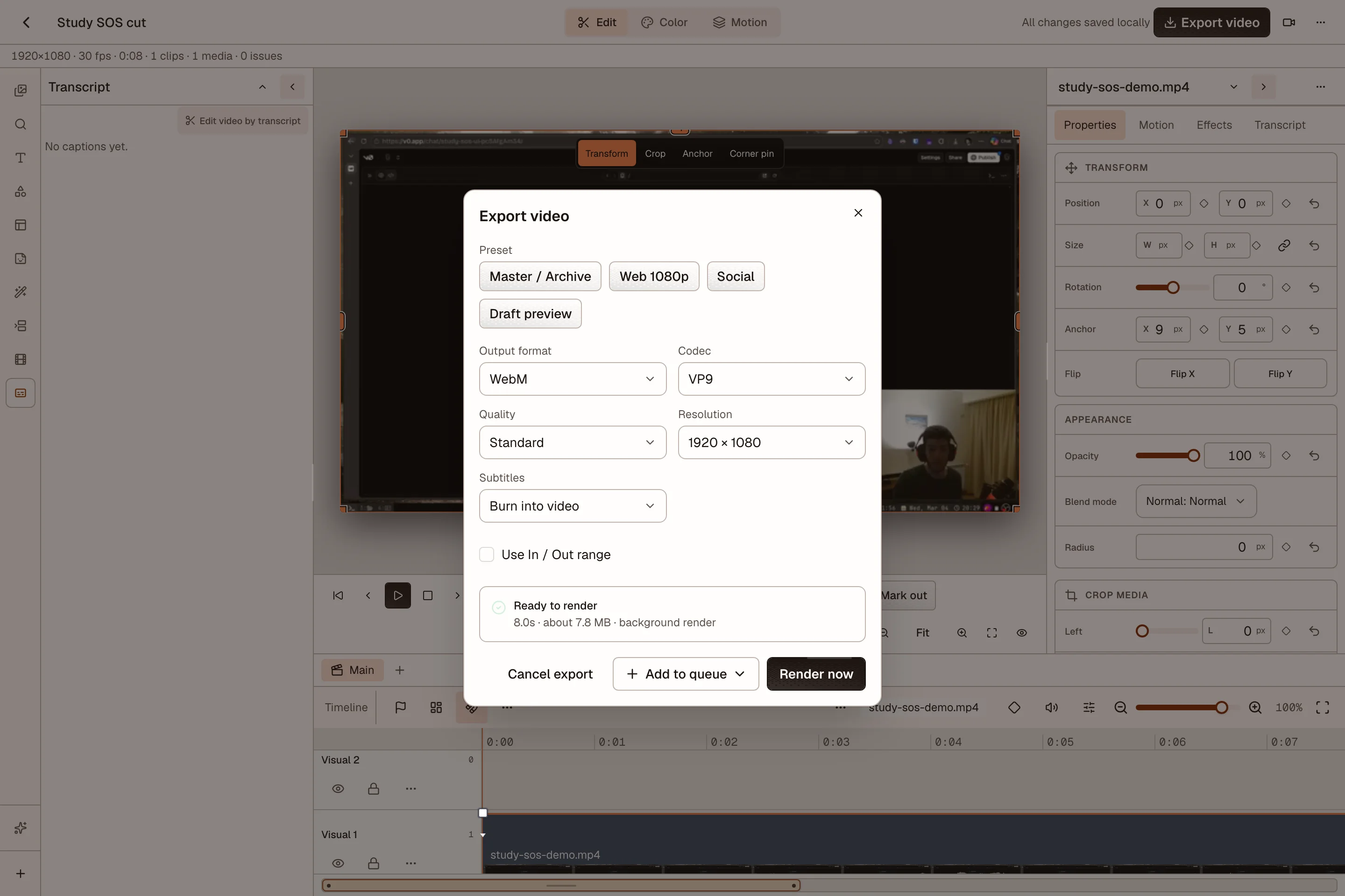 Export video dialog with output presets, format options, and a readiness check