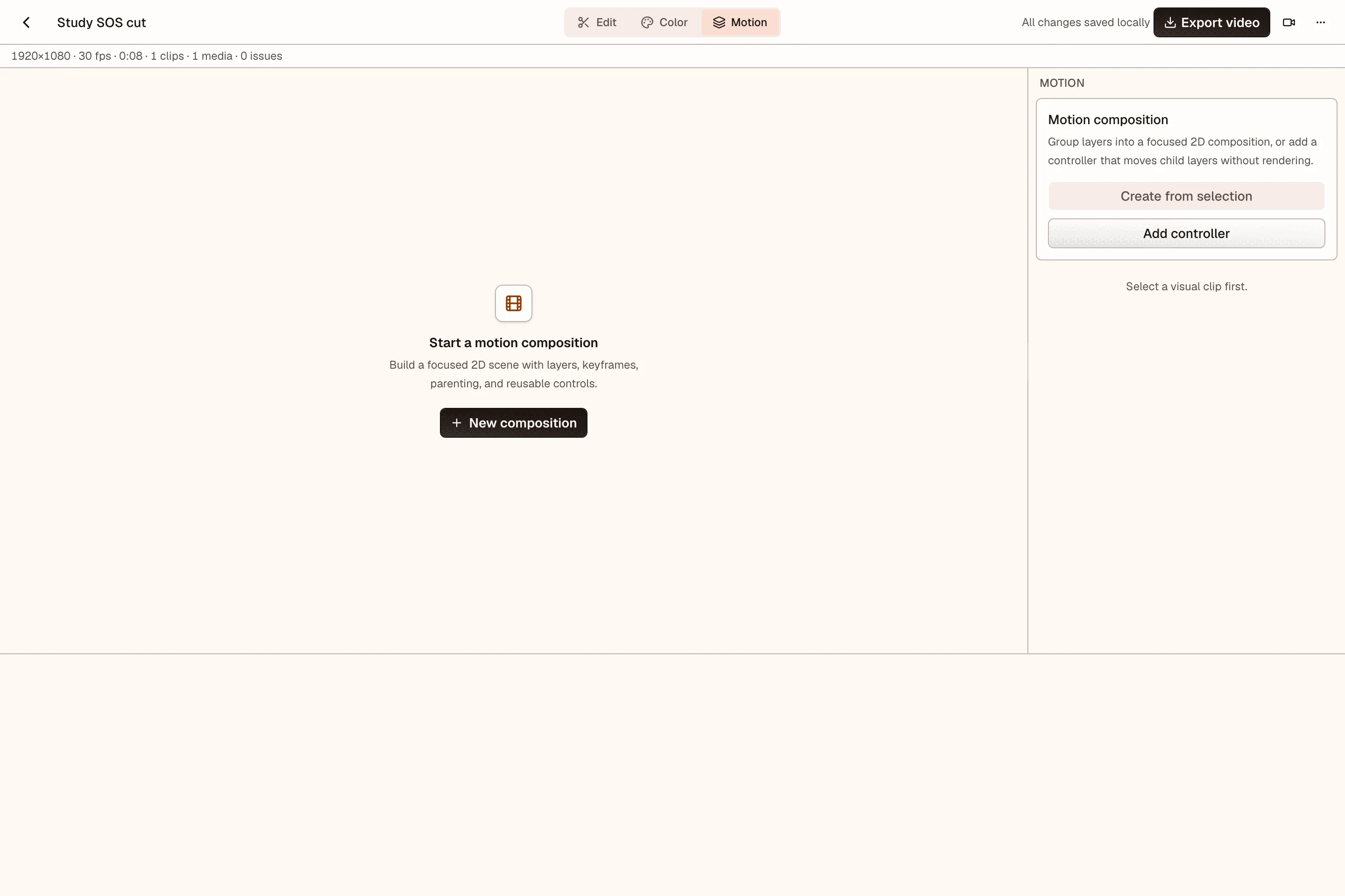 Motion workspace with a composition setup beside the video preview